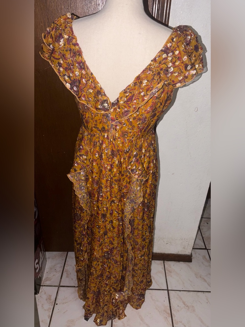 Marie Oliver Women's Yellow Jayda Silk Floral Metallic-Dot Gown Dress Sz 2
